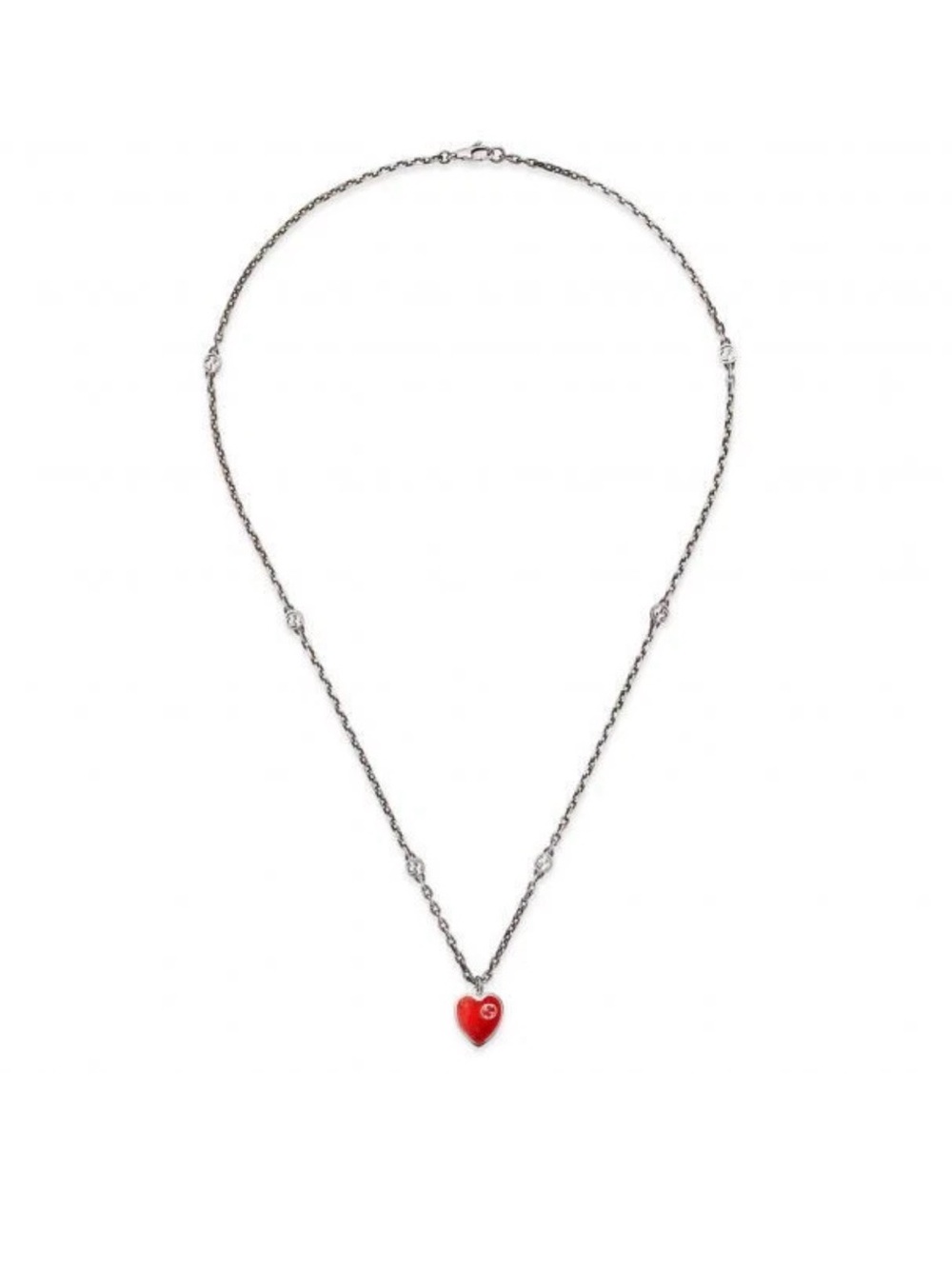 NWT Gucci Silver-Tone Chain Necklace with Red Heart Charm